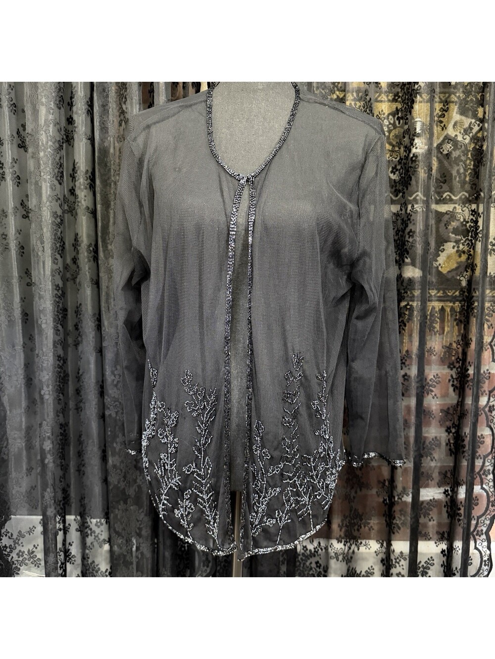 Sheer Black Beaded Mesh Duster Jacket Floral Vine Trim Goth Victorian